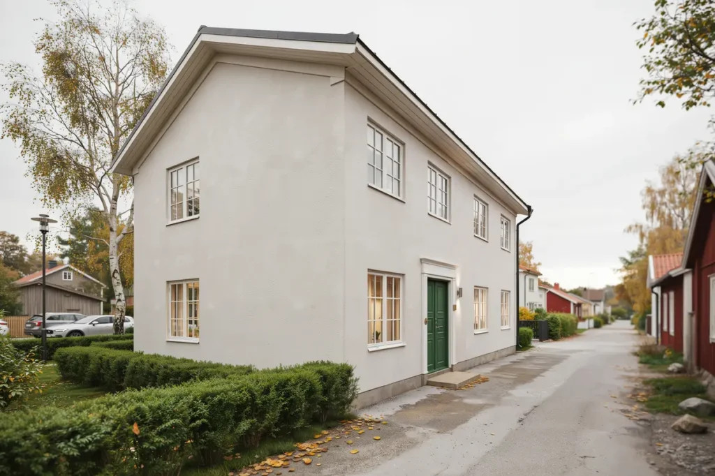 fasadm lning av putsad villa efter underh llsarbete i m rsta